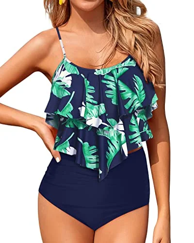 Flowy Ruffle Tankini Tops With High Waisted Bikini Bottoms For Teen Girls-Blue Leaf