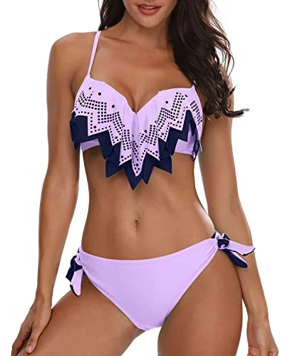 High Cut Two Piece Swimsuit Ruffle Bikini Top With Bottom Teen Girls-Purple