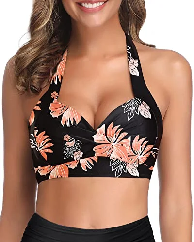 Safe And Secure Push Up Swim Top For Women-Black Orange Floral