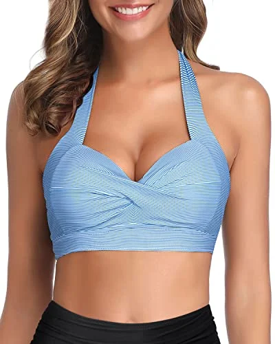 Retro Padded Push Up Halter Bikini Top-Blue White Stripe