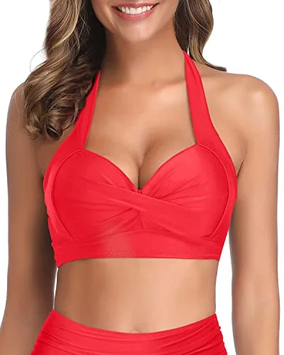 Vintage Push Up Halter Bikini Top-Neon Red